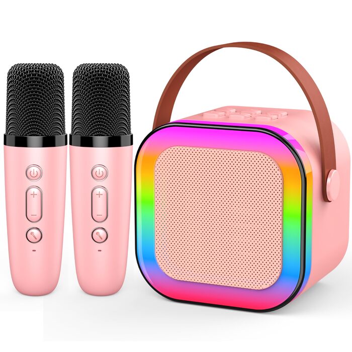 Караоке машина для дітей 3-12 років Dislocati з 2 мікрофонами Bluetooth, рожева. Портативна музична іграшка зі світлодіодами для вечірок
