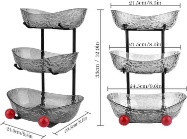 Пластикова підставка для фруктів Asaiy – 3 яруси, овальна корзина з металевим каркасом, сірого кольору. Організатор для фруктів, овочів, снеків та солодощів.