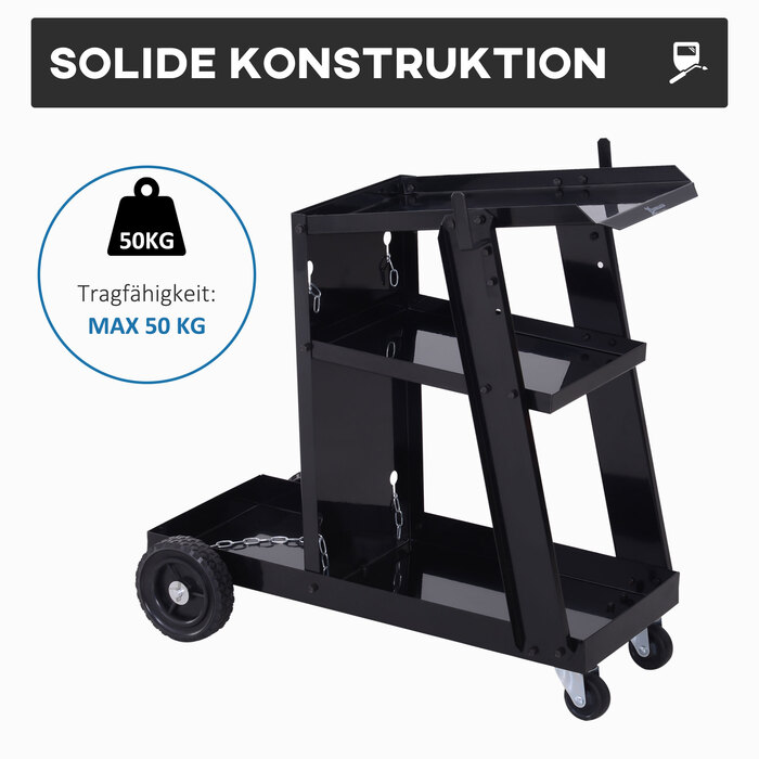 DURHAND Welding Cart Welding Equipment Cart with 3 Shelves and Safety Chain, Gas Cylinder Cart in Black 71x39x70 cm for Workshop