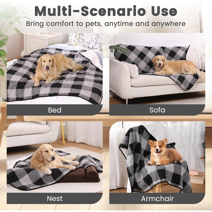 Водонепроникний килимок для собак, 152x127 см, фланель та шерпа, для середніх та великих собак, чорний в клітинку