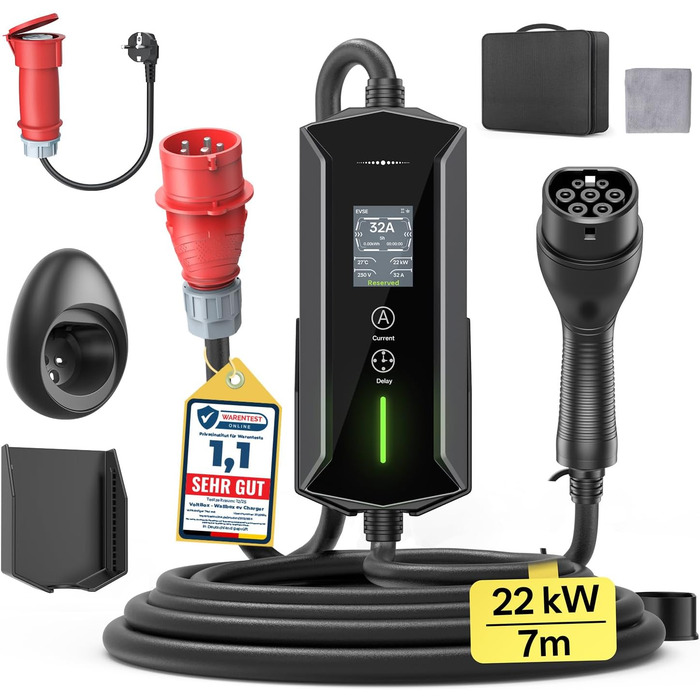 Портативний зарядний пристрій для електромобілів 22 кВт (7м) з LCD-дисплеєм, IP65, Schuko, 16A, для електромобілів та PHEV