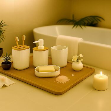 Набір для ванної кімнати Relaxdays, 6 предметів: аксесуари для ванної з пластику та бамбуку, повний комплект, білий/натуральний