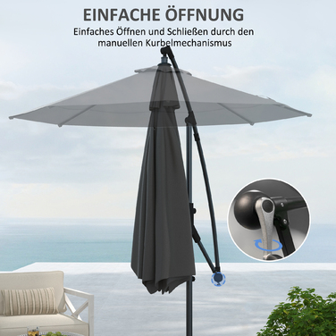 Розтяжний парасоль від Outsunny Ø293 x 260Hcm з ручним механізмом та хрестоподійною основою, вентильоване полотно, регульований нахил, 8 ребер, поліестер сірого кольору