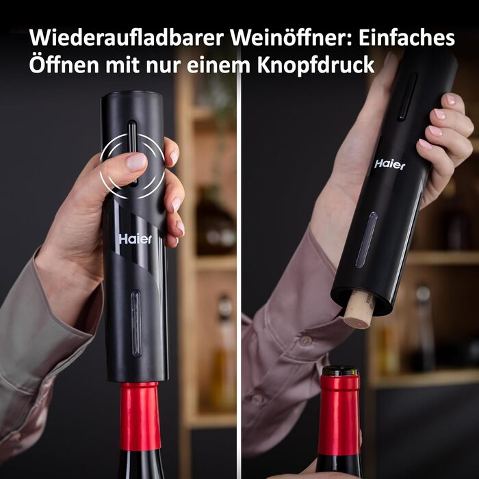 Електричний відкривач пляшок Haier з нержавіючої сталі, набір аксесуарів для вина: декантер, вакуумний корок, різак для фольги, USB-зарядний пристрій