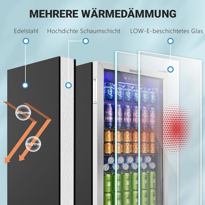 Міні-холодильник EUHOMY на 90 літрів з скляною дверцятами для напоїв (126 банок)