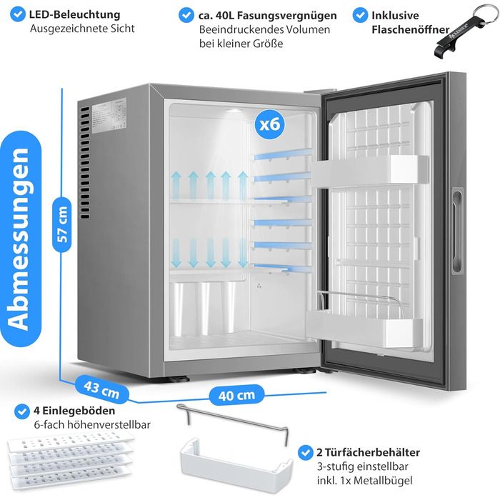 Міні-холодильник KESSER® Minibar 40L з підсвічуванням та відкривачем для пляшок, ідеальний для дому, офісу, кемпінгу та готелю