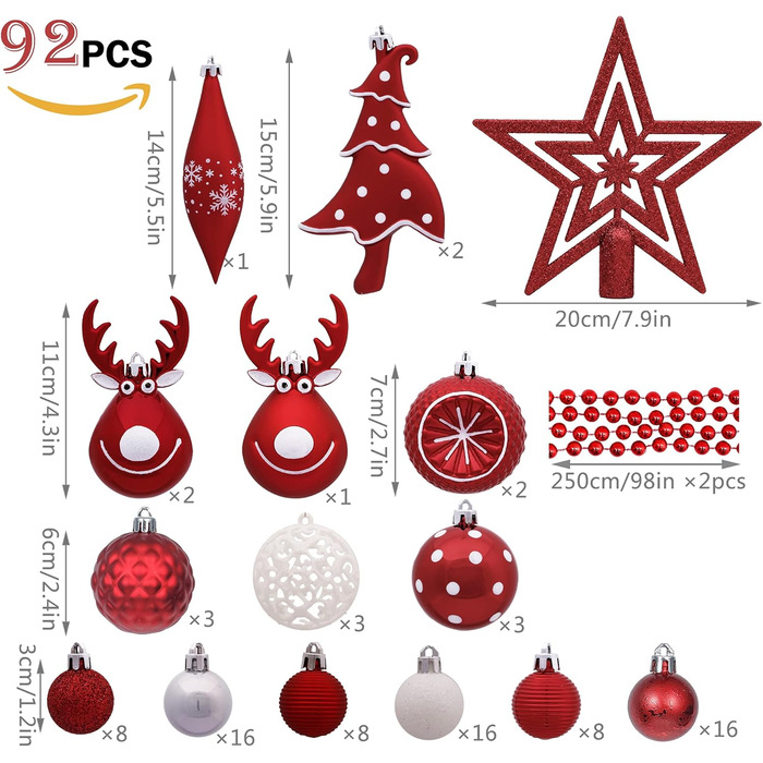 Набір ялинкових прикрас Victor's Workshop 92 шт. – пластикові кулі, червоно-білі, з оленями для декору ялинки та святкування