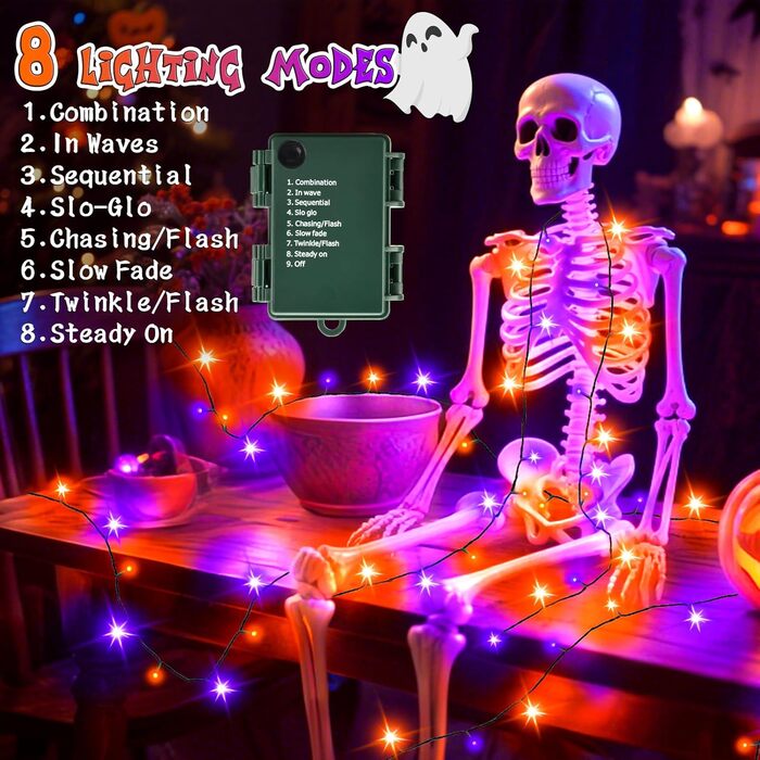 Гірлянда декоративна Halloween на 6 метрів, 60 LED, оранжево-фіолетова, USB/батарейки, таймер, вологостійка, для дому та саду