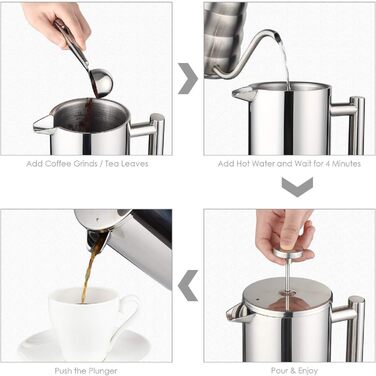 Make a French Press Coffee Maker, 21Oz Stainless Steel French Press with 3-Level Filtration System, Double-Walled Insulated French Press with 3 Filters and 1 Metal Spoon 600ml Silver