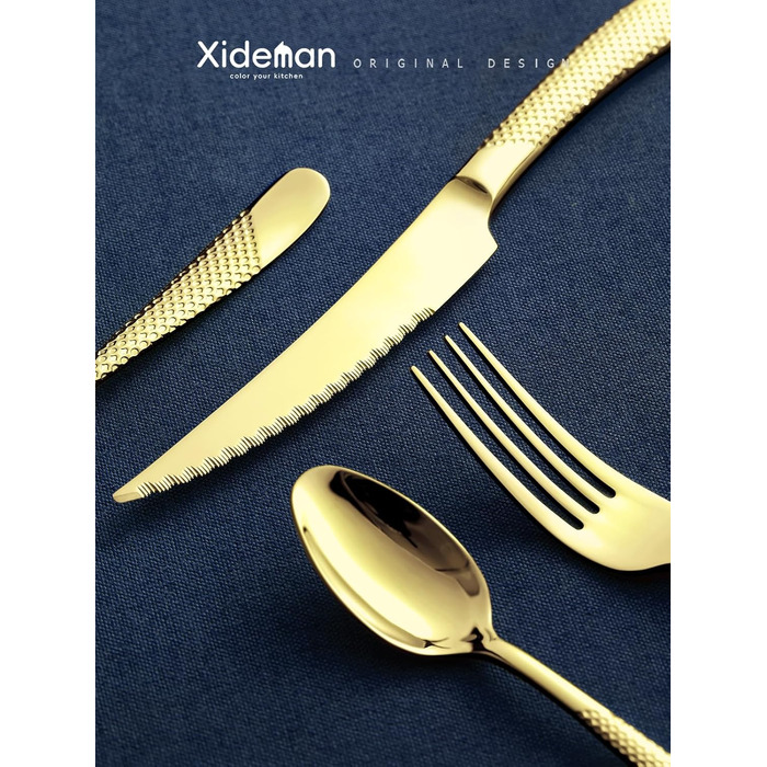 Набір столових приборів на 6 осіб, 24 предмети, нержавіюча сталь 18/10, золотий титан, сучасний дизайн, з двостороннім зазубреним ножем, для посудомийної машини