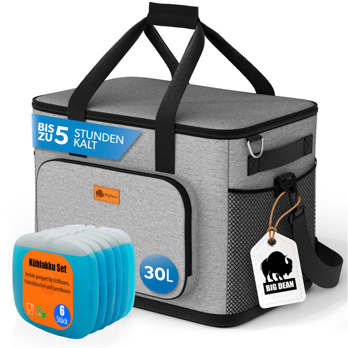 BigDean Термосумка-холодильник велика, 30 літрів, з 6 акумуляторами льоду. Ізольована, складна, витокозахисна та водонепроникна. Підходить для пікніків, обідів та покупок. До 5 годин охолодження.