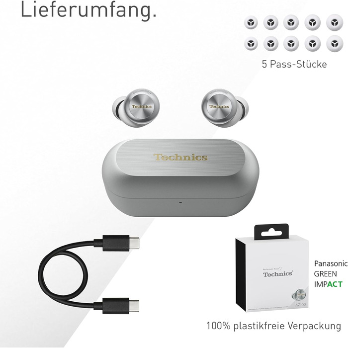 Technics EAH-AZ100E-S Бездротові навушники з активним шумозаглушенням, 10 мм драйвер, Multipoint Bluetooth, AI Voice Focus, срібного кольору