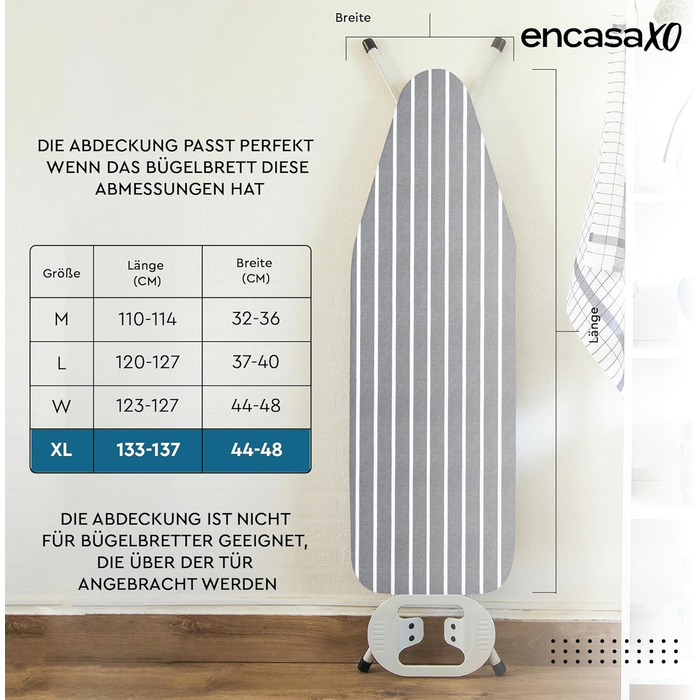 Чохол для прасувальної дошки Encasa XO Roma сірий, 135x45 см, з термозахистом та товстим шаром, для стандартних дощок 125x39 см