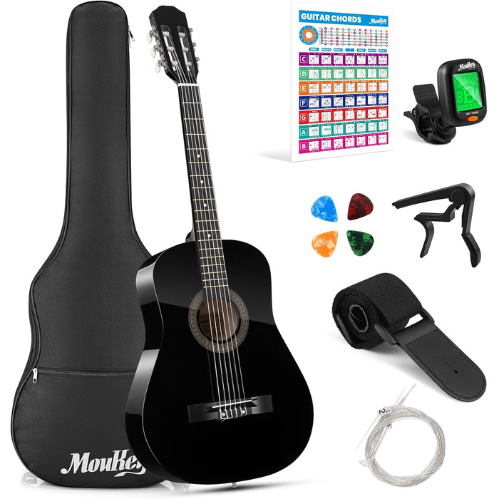 Акустична гітара Moukey для початківців, дітей, підлітків та дорослих, 38 дюймів, чорна, комплект з аксесуарами