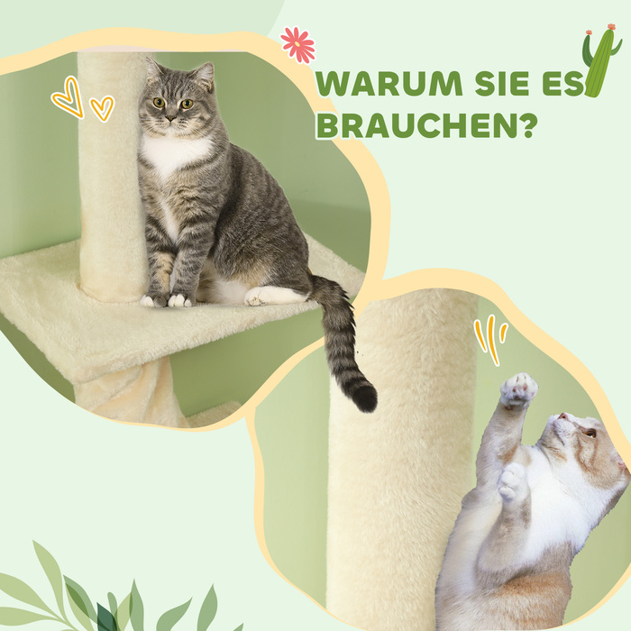 PawHut Драбина для котів, регульована висота 225-275 см, стійка основа, захист від перекидання, оксамитовий покриття, кремовий