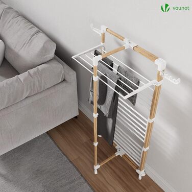 Сушарка для білизни VOUNOT Tower 3 рівні, складана, біла, з колесами - 25м, імітація дерева