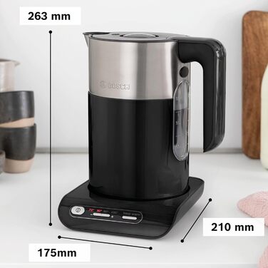 Електричний чайник Bosch TWK8613P, 1.5 л, чорний: автоматичне відключення, захист від перегріву, регулювання температури, функція підігріву