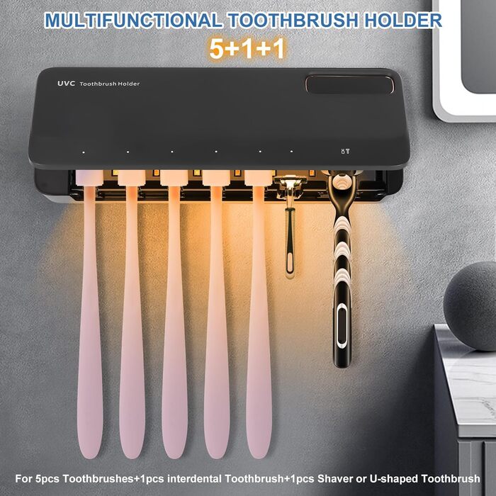 UV Toothbrush Sanitizer with 6 Toothbrush Brush Slots, UV Disinfection Toothbrush Holder with Drying, 2000mAh USB Rechargeable Toothbrush Sanitizer Holder Wall Mounted with 3 Modes for Bathrooms (White) (Black)