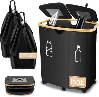 Deposit bottle collection container with lid & 2 removable carrying bags, large deposit bottle storage, container for empties & glass recycling, kitchen pantry bottle bag (150L)