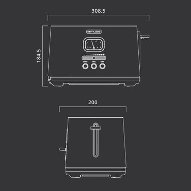 Muse stainless steel toaster in black retro design, analog display, illuminated buttons, 6 browning levels, 2-slice, MS-130 BC, vintage look, with crumb tray