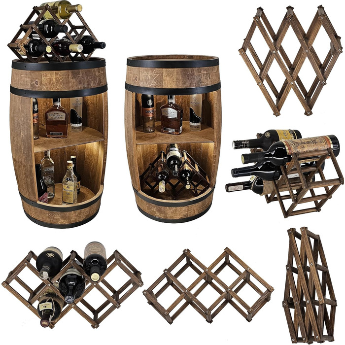 CREATIVE COOPER Fass bar LED RGB with Wine Holder - Wine Rack - Barrel Bar House Bar 80x50cm - Rustic Decor Bar Cabinet Wine Stand – Wine Cabinet (Dark Brown)