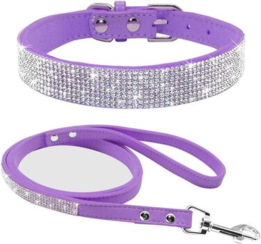 Soft Suede Dog Collar, Sparkling, Shimmering, Elegant, Unique, Embellished with Rhinestones, for Pets, Puppies, Cats, Dogs, Combo Set with Leash (XXS, ) (Purple, S)