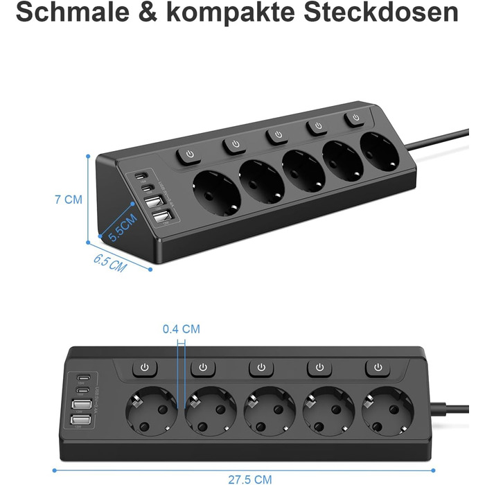 Розподільник розеток з незалежним вимикачем, мережевий фільтр з 4 USB (2 USB-C) + 5 розеток з дитячим захистом, 3680W, 2м подовжувач для кухні, офісу, дому (чорний) 5 розеток Чорний - Розподільник розеток