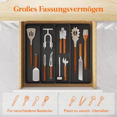 Органайзер для столових приборів Lifewit в шухляду, розширюваний 43.9 см, чорний, 30-44x40x4.6 см