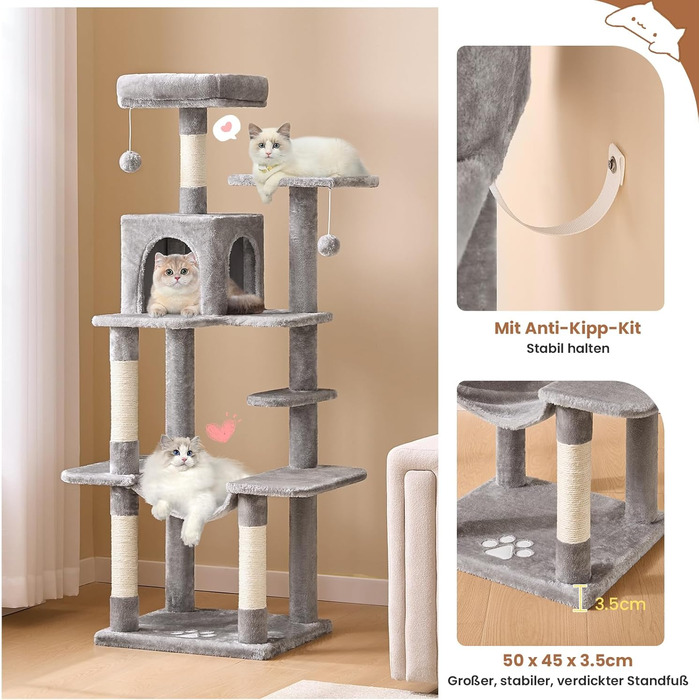 Кігтеточка для котів MSmask велика, багатоповерхова з платформами, гамаком та сизалевими стовпами (світло-сіра)