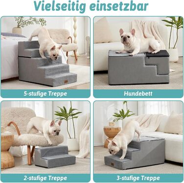 Сходи для собак, 5 сходинок, з щільного пінополіуретану, для ліжка, дивану, софи, 60 см, знімна, для котів та літніх/травмованих собак (сірий, 50x75x60, 5)
