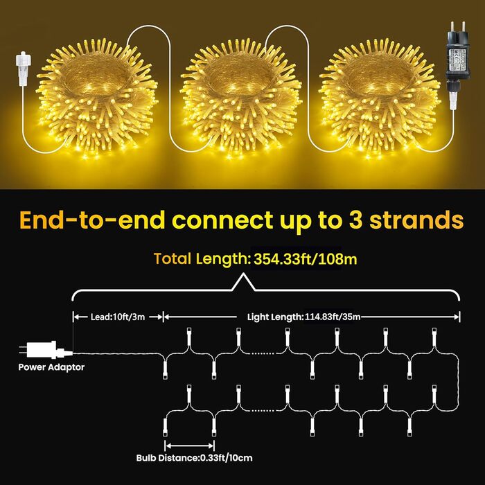 Гірлянда світлодіодна зовнішня 10м, 350 LED, тепле біле світло, з таймером, вологостійка, 8 режимів, для декору саду, дому, ялинки на Новий рік