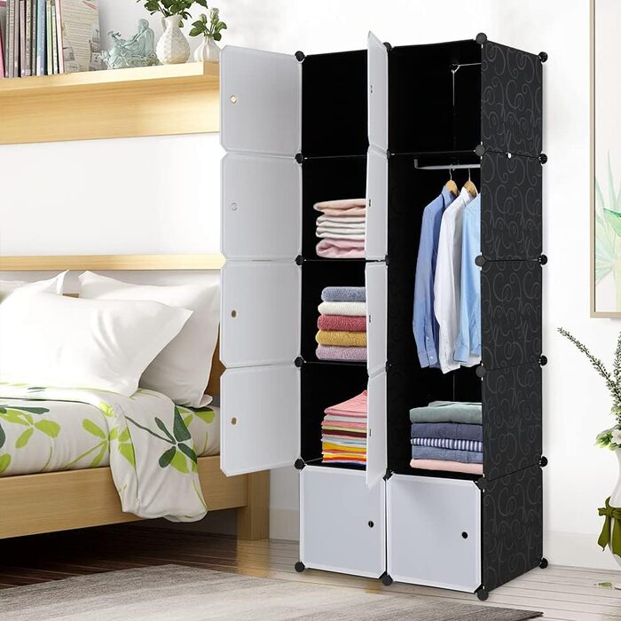 Regal system, 10 cubes, plastic wardrobe with doors, modular cabinet for space-saving storage, 70 x 45 x 175 cm, white door & black cabinet, for storing clothes, shoes, etc.