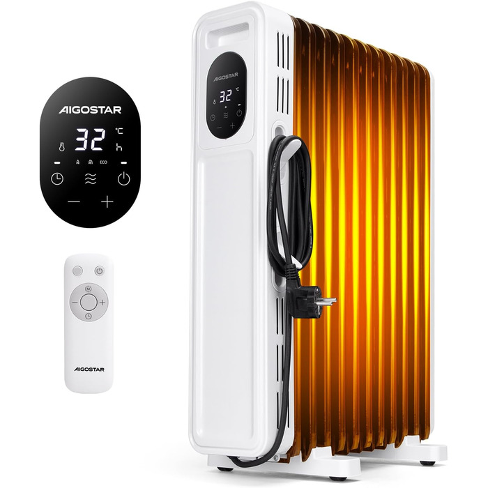 Електричний масляний радіатор Aigostar Cozy 2300W з пультом керування, 11 ребер, термостат, 3 режими, таймер 24г, LED-дисплей, захист від перекидання та перегріву