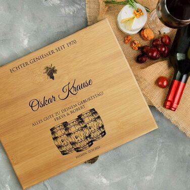 Maverton Personalized Wine Opener Set - Sommelier Set - Gift Box with Wooden Box + 6-Piece Wine Accessory Set - Made of Bamboo - Brown - Birthday Gift for Men - (True Connoisseur)