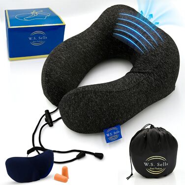 Подушка для шиї W. S. Sells з Memory Foam, комплект для подорожей (маска для сну, навушники, чохол), чорна