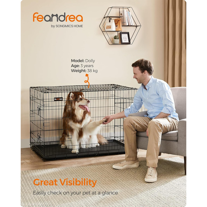 Клітка для собак Feandrea, розкладний варіант, з 2 дверцятами, висувна миска, 122 x 74,5 x 80,5 см, XXL, чорна