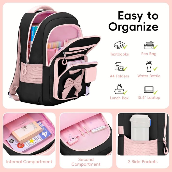 Шкільний рюкзак для дівчинки 3 в 1: рюкзак, ланч-бокс, пенал. Kawaii дизайн, 3-7 клас, антикрадійний, 24L (рожево-чорний)