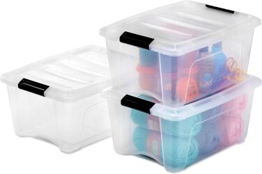 Iris Ohyama Storage Boxes with Lids, 60L, 4-Piece Set, Silver, Secure Closure, Stackable, Handles, for Bedroom, Closet, Office, Organization, BPA-Free Plastic, Storage Boxes, NTB-60 (Black, 15L/3-Piece Set)