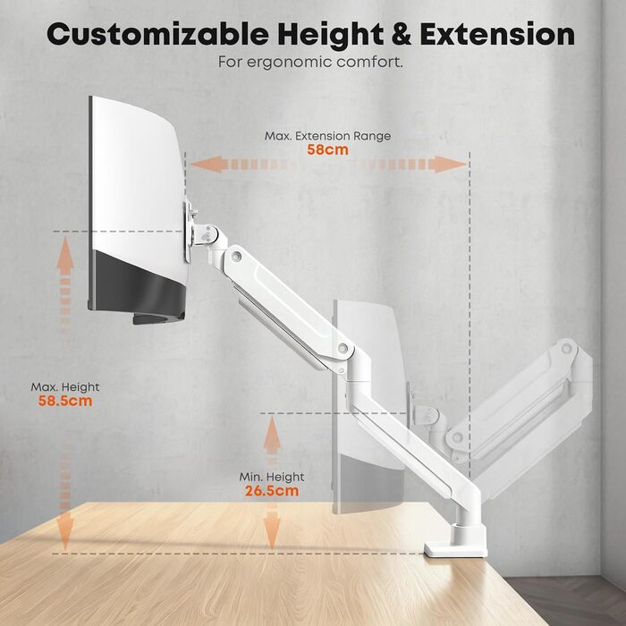 Кронштейн для монітора PUTORSEN Ultrawide до 49 дюймів (до 20 кг) — газліфт з регулюванням нахилу, повороту та обертання, VESA 75/100мм, білий