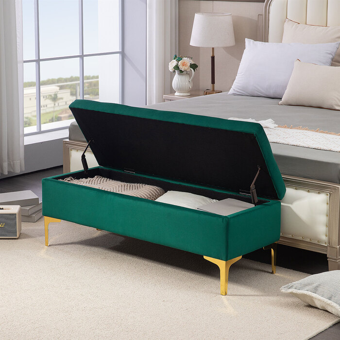 HOMCOM Storage Bench, Upholstered Bench with Velvet Look 120x44x44.5 cm, Metal Legs, Bed Bench for Living Room Bedroom Hallway, green