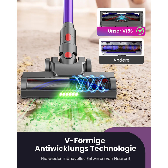 Бездротовий акумуляторний пилосос 45000 Па/580 Вт/70 хв, легкий, 6-в-1, з LED дисплеєм, станцією зарядки та насадкою проти спутання шерсті, для твердих поверхонь, килимів та шерсті тварин