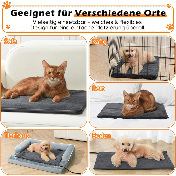 Підігрівальний килимок для тварин 45x70 см – ковдра для собак та котів, 30–60°C, таймер 14 год, захист від перегріву, міцний кабель 1,8 м, 2 знімні чохли, регулювання температури