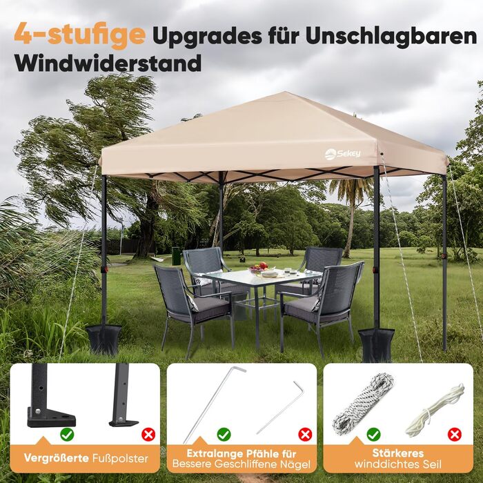 Sekey One-Touch Pop-Up Pavilion 3x3 Waterproof Stable Winter-Proof, Folding Pavilion 3x3m with Thickened Tubes, Party Tent Pavilion Foldable for Camping Festival Party, Khaki