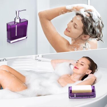 5-Piece Bathroom Accessory Set includes emulsion bottle, toothbrush holder, 2 rinsing cups, soap dish, plastic gift bath set, white (purple)