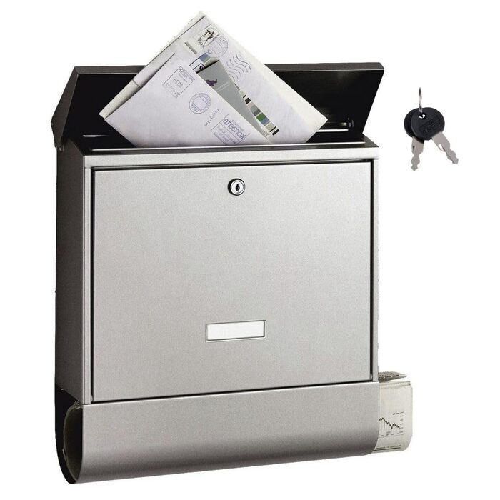 Поштова скринька Burg-Wächter з газетницею та табличкою для імені, нержавіюча сталь, формат DIN C4, 2 ключі, AMZ 2500 NI