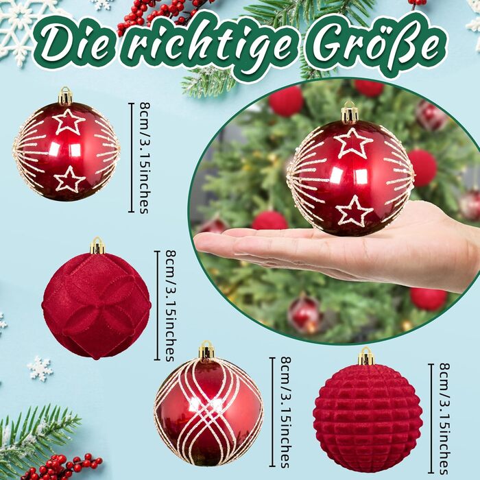 Гайонг Новорічні кулі для ялинки, 16 шт, Червоні новорічні кулі, Декорації для ялинки, для святкування Різдва з родиною та друзями. Червоний, 16 шт.