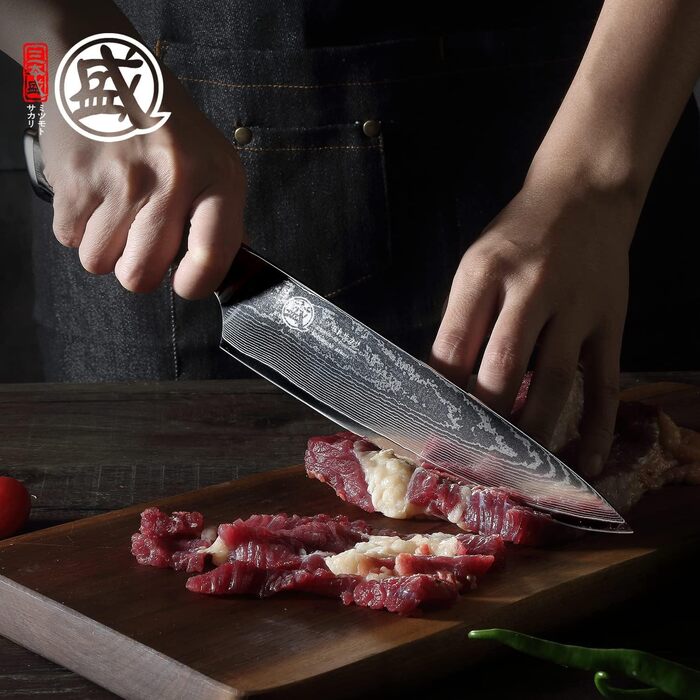 Ніж кухарський Mitsumoto Sakari Gyuto 20 см, AUS-10 Дамаст, ручка з пакавуду, в подарунковій дерев'яній коробці
