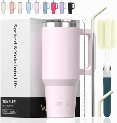 Термокружка WATERSY 40oz з нержавіючої сталі, 591 мл, з подвійними стінками, з ручкою та трубочкою, для гарячих та холодних напоїв (колір: рожевий)