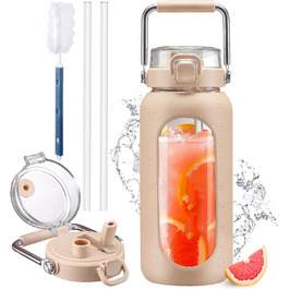 1900ml Glass Drinking Bottle with Straw and Stainless Steel Handle, Glass Water Bottle with Silicone Sleeve and Time Marker, Monitor Your Daily Water Intake 2 Liter, Light Green (Amber)