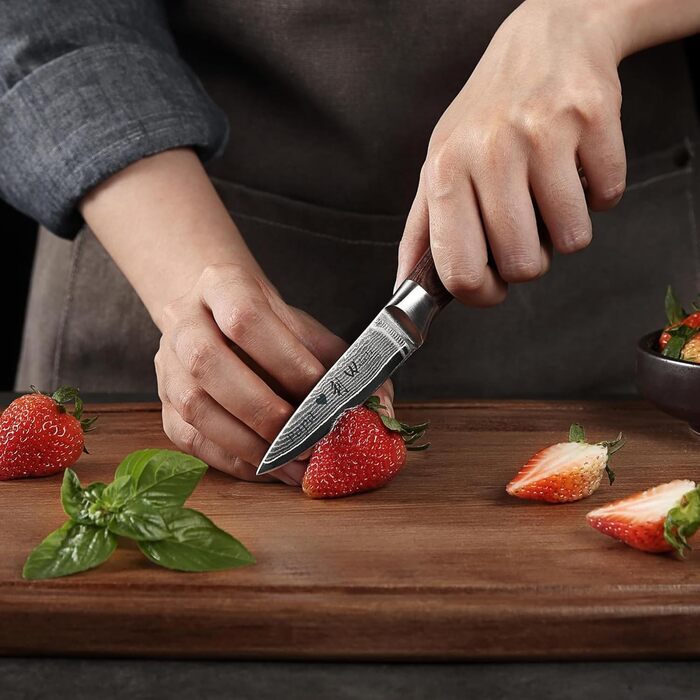 Набір кухонних ножів Wakoli EDIB Damast 4 шт. з дамаської сталі (67 шарів) з серцем VG10 та ручкою з паккавуду. Включає: Сантоку, офісний ніж, ніж для м'яса. У подарунковій коробці з можливістю індивідуальної гравірування.